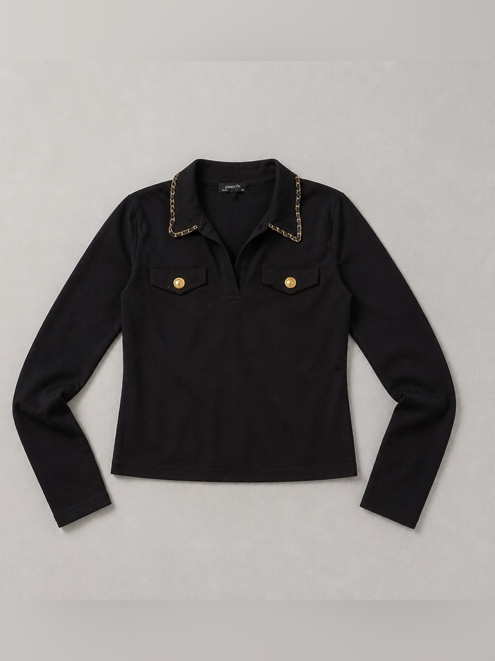 Black Long-Sleeve Polo Long Sleeve Sweater with gold Chain Trim